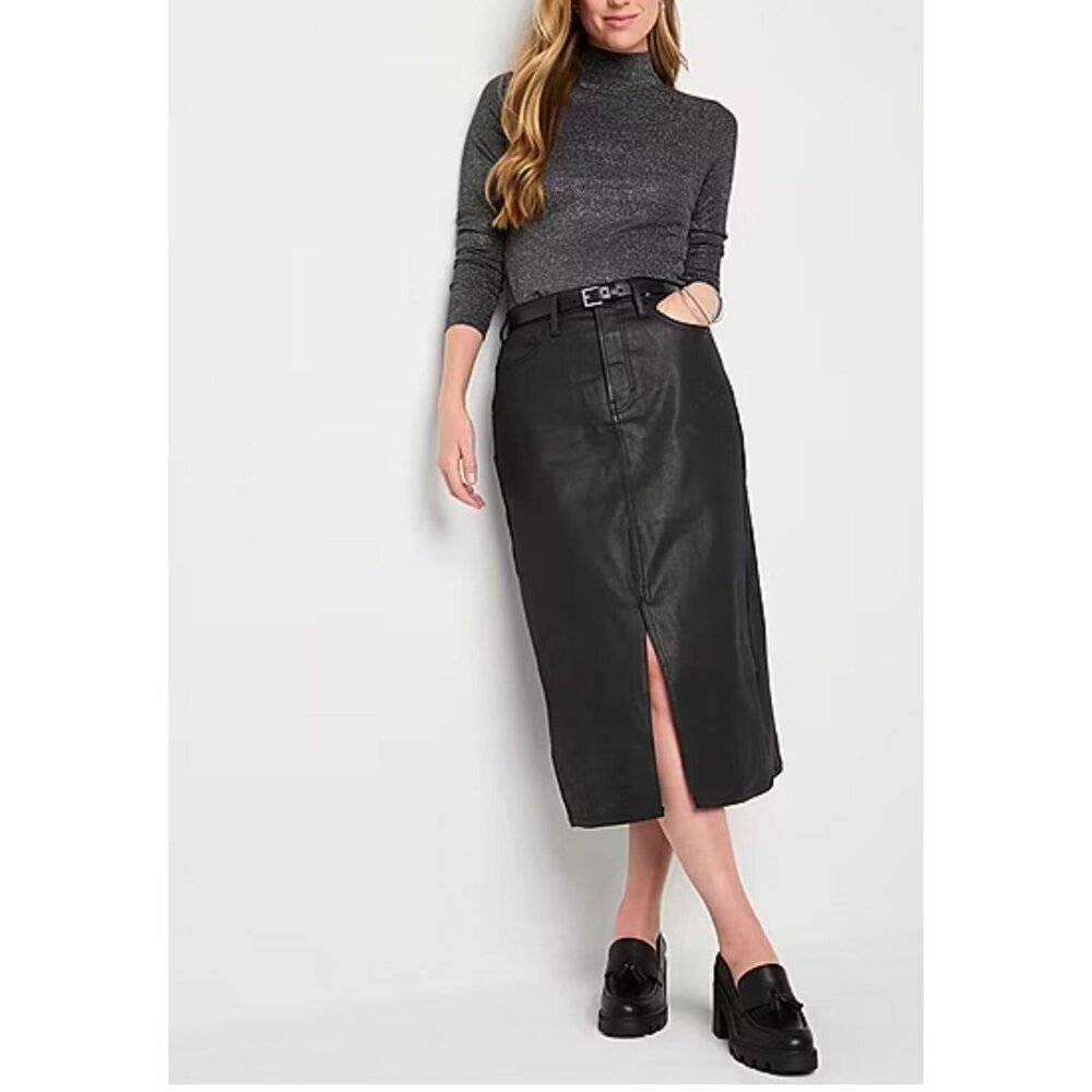 a.n.a Black Faux Leather Midi Skirt with Front Slit